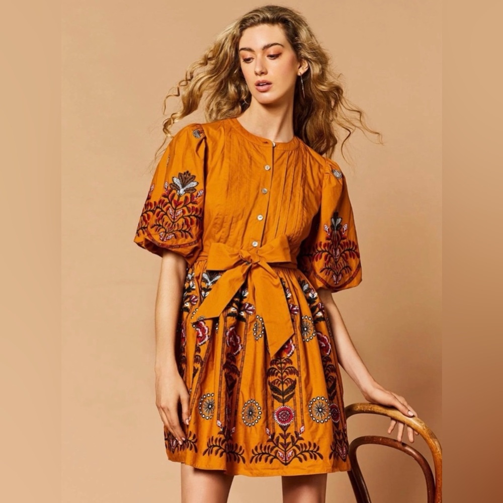 A Loves A Woven Floral Puff Sleeve Button Front Belted A-Line Flounce Dress